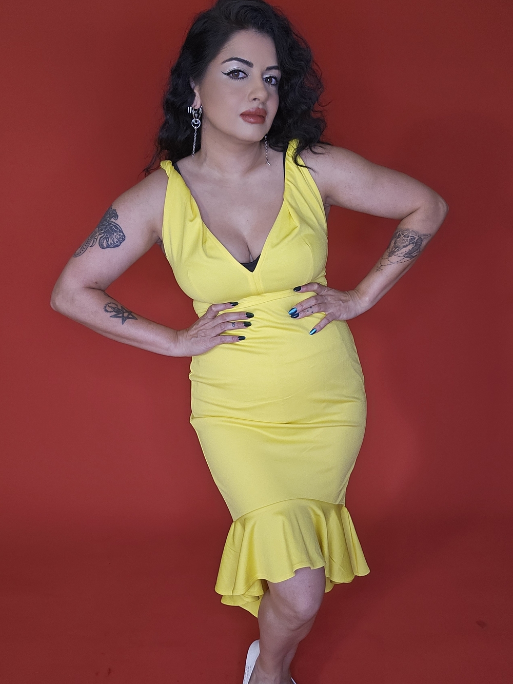Yellow V-Neck Ruffle Hem Dress